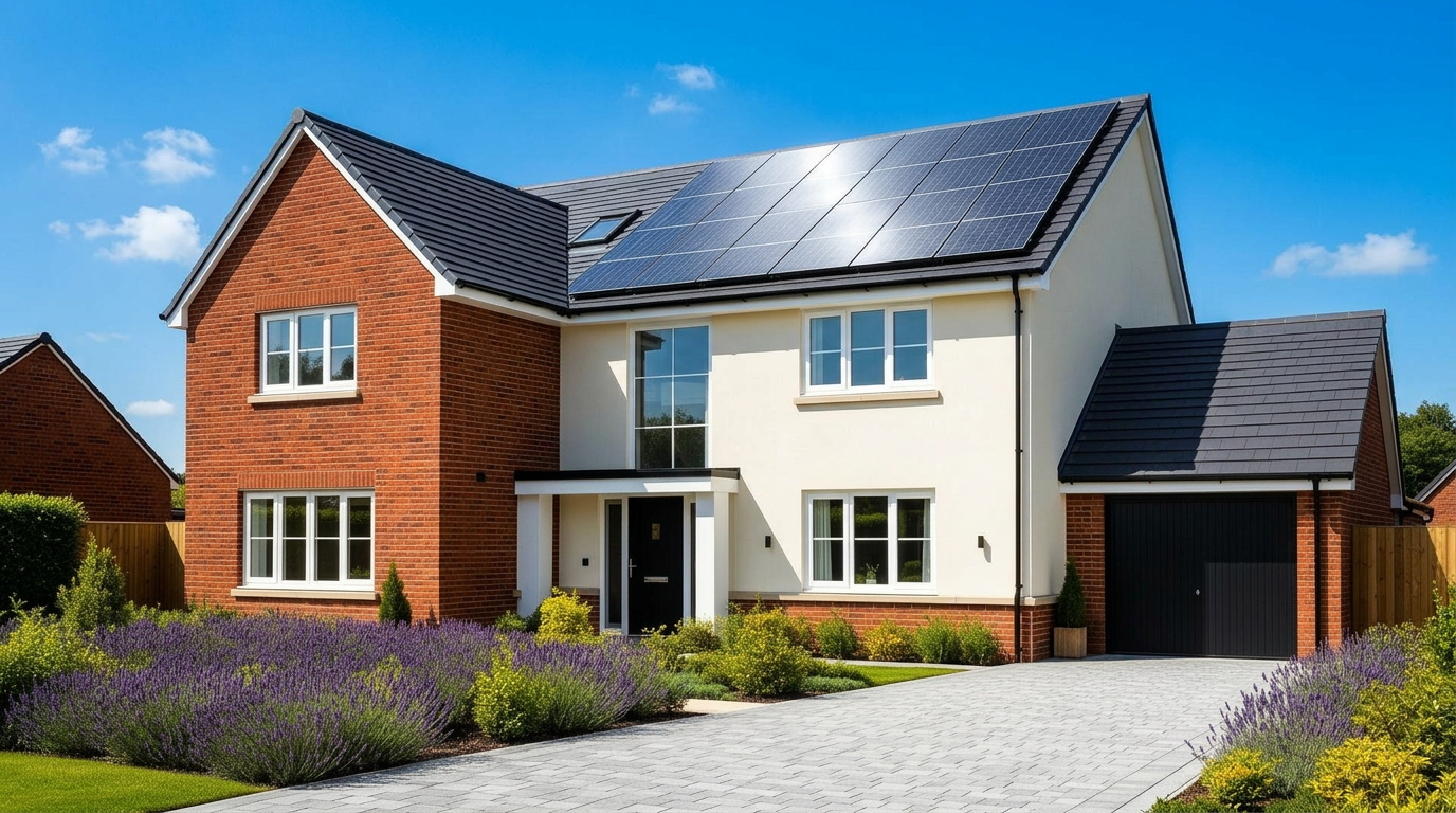 Modern home with rooftop solar at golden hour